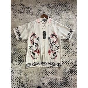 Dragonfly Shirt Mens Large White Black Red Dragon Flame Camp Aloha Button Front